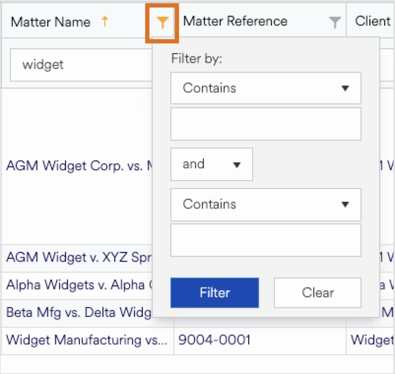 Filter options for searching matters related to widgets in a legal database interface.